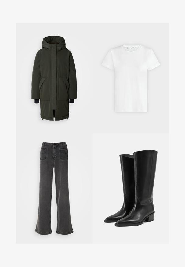 Mos Mosh BORA COAT - Wintermantel - rosin; Ein schlichtes weißes T-Shirt mit kurzen Ärmeln und Rundhalsausschnitt liegt flach auf einem hellgrauen Hintergrund, zeigt die Vorderseite mit einem Etikett im Halsausschnitt.; Hoch geschnittene, weit geschnittene schwarze Jeans aus Denim, ausgestattet mit einem Knopfverschluss, Gürtelschlaufen und zwei hinteren Taschen mit gestickten Akzenten.; Paar hohe schwarze Lederstiefel mit niedrigen Blockabsätzen und spitzen Zehen auf einem schlichten hellen Hintergrund.