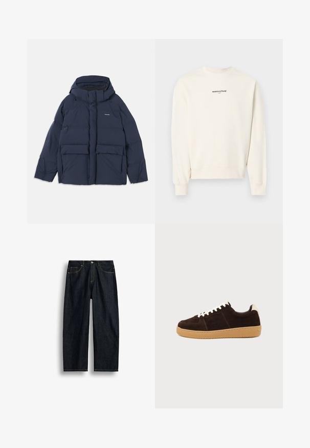 Doudoune bleu marine avec capuche, dotée de deux grandes poches avant et d'une fermeture éclair. Le matériau semble lisse et isolant.; Sweat-shirt à manches longues et col ras-du-cou de couleur blanc cassé avec le texte "MAISON KITSUNÉ PARIS" imprimé en noir sur la poitrine.; Jean en denim bleu foncé à coupe droite avec couture jaune, poches avant et fermeture par bouton à la taille.; Baskets en daim marron foncé avec lacets blancs, languette beige au talon et semelle en caoutchouc marron clair vues de côté sur un fond uni.
