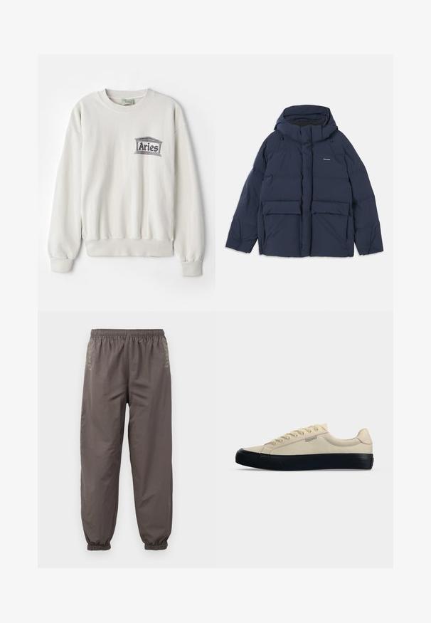 Navy blauwe gewatteerde jas met capuchon, voorzien van twee grote voorzakken en een ritssluiting. Het materiaal lijkt glad en geïsoleerd.; Crème-kleurig sweatshirt van zachte stof, met een ronde halslijn en geribde manchetten. Het heeft een gedrukt 'Aries' logo in het grijs.; Donkergrijze, elastische broek met een relaxte pasvorm. Voorzien van gathered boorden en subtiele borduursels aan de zijkanten. Lichtgewicht stof.; Lage beige canvas sneaker met zwarte rubberen zool en neuskapje, vetersluiting en klein zijlogo label aan de linkerkant.