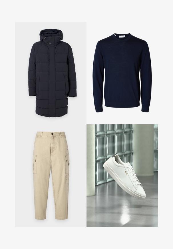 Navyblauer Daunenmantel mit Kapuze, horizontal gestepptem Design, zwei Seitentaschen und Knopfverschlüssen. Hergestellt aus strukturiertem, isoliertem Material.; Marineblauer Langarmpullover mit Rundhalsausschnitt, gerippten Bündchen und Saum, gefertigt aus feinem Strickstoff.; Beige Cargo-Hosen aus weichem Stoff, mit seitlichen Taschen, einem Knopfverschluss und einer schmal zulaufenden Beinform.; Weißer Leder-Low-Top-Sneaker mit Schnürsenkeln, schwarzer Fersenschlaufe und „BOSS“-Logo, der drinnen nahe einer Glassteinwand und einem polierten Boden schwebt.