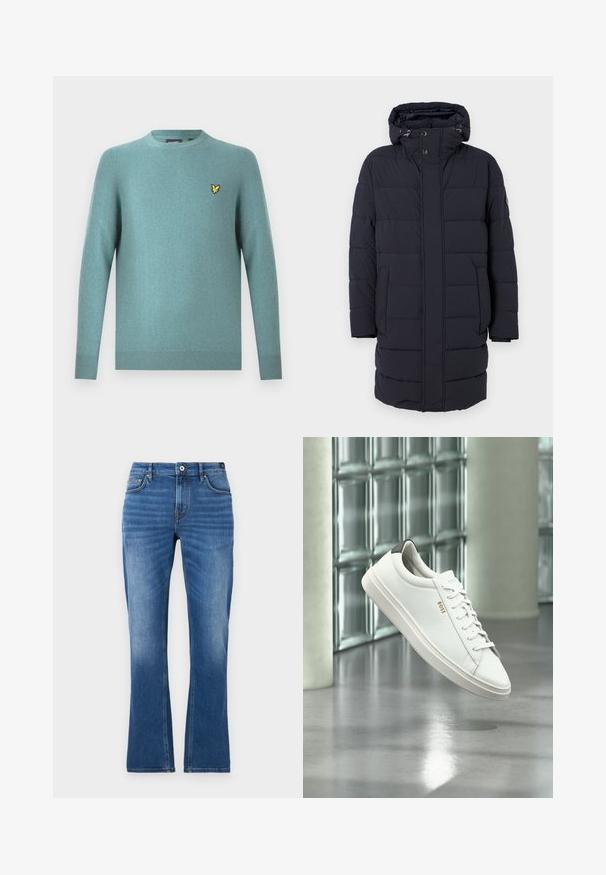 Marineblauwe gewatteerde jas met een capuchon, horizontaal gestikte ontwerp, twee zijzakken en knoopsluitingen. Gemaakt van textuur, geïsoleerd materiaal.; Sweater met ronde hals in zachte teal stof, met lange mouwen en een geribde zoom. Gele geborduurde logo-accent op de borst.; Jeans met uitlopende pijpen in medium blauw. Heeft een vijfzakkenontwerp, stikselaccenten, een knoopsluiting en een licht vervaagde textuur op de benen.; Witte leren lage sneaker met veters, zwarte hielstrook en "BOSS"-logo, zwevend binnenshuis bij een glazen stenen muur en gepolijste vloer.