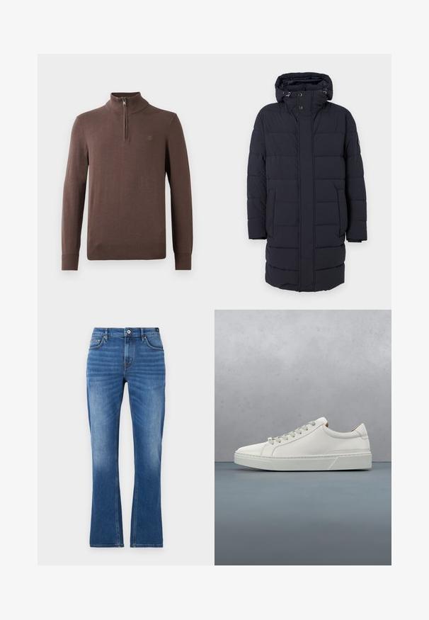 Marineblauwe gewatteerde jas met een capuchon, horizontaal gestikte ontwerp, twee zijzakken en knoopsluitingen. Gemaakt van textuur, geïsoleerd materiaal.; Bruine gebreide pullover met een hoge kraag en een kwart rits. Voorzien van geribbelde mouwen en onderrand, met een klein logodetail op de borst.; Jeans met uitlopende pijpen in medium blauw. Heeft een vijfzakkenontwerp, stikselaccenten, een knoopsluiting en een licht vervaagde textuur op de benen.; Witte leren sneaker met een ronde neus, minimalistisch ontwerp, grijze veters en een gestructureerde grijze rubberen zool. Fijne stikdetails zichtbaar.
