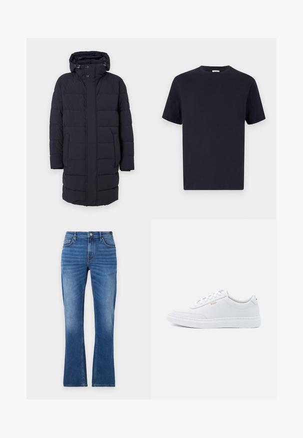 Abrigo acolchado azul marino con capucha, diseño de acolchado horizontal, dos bolsillos laterales y cierres de botón. Hecho de material texturizado y aislante.; Camiseta de algodón azul marino con escote redondo, manga corta y corte relajado; textura suave; sin patrones o elementos metálicos visibles.; Vaqueros acampanados de mezclilla en azul medio. Presentan un diseño de cinco bolsillos, detalles cosidos, un cierre de botón y una textura ligeramente desgastada en las piernas.; Zapatillas de cuero blanco con textura suave, puntera redondeada y costuras tonales. Cuentan con cordones azules y un logo dorado en el lateral.
