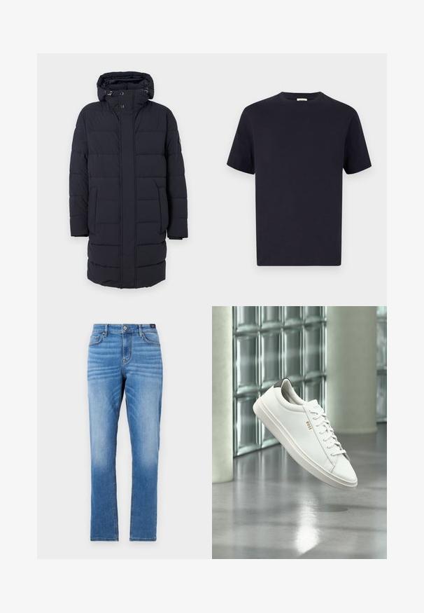 Marineblauwe gewatteerde jas met een capuchon, horizontaal gestikte ontwerp, twee zijzakken en knoopsluitingen. Gemaakt van textuur, geïsoleerd materiaal.; Navy blauwe katoenen T-shirt met een ronde hals, korte mouwen en een relaxte pasvorm; gladde textuur; geen zichtbare patronen of hardware.; Lichtblauwe denim jeans met een rechte pasvorm, vijf zakken, sluiting met een knoop aan de voorkant en subtiele vervaging op de dijen.; Witte leren lage sneaker met veters, zwarte hielstrook en "BOSS"-logo, zwevend binnenshuis bij een glazen stenen muur en gepolijste vloer.