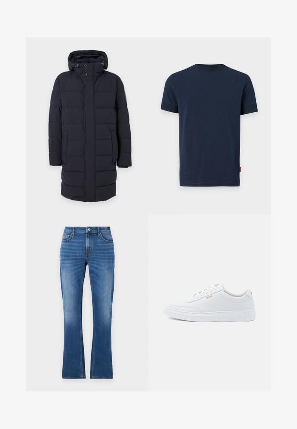 Abrigo acolchado azul marino con capucha, diseño de acolchado horizontal, dos bolsillos laterales y cierres de botón. Hecho de material texturizado y aislante.; Camiseta de algodón azul marino con mangas cortas, cuello redondo y un pequeño acento de etiqueta roja en el dobladillo inferior izquierdo. Textura suave, diseño sencillo.; Vaqueros acampanados de mezclilla en azul medio. Presentan un diseño de cinco bolsillos, detalles cosidos, un cierre de botón y una textura ligeramente desgastada en las piernas.; Zapatillas de cuero blanco con textura suave, puntera redondeada y costuras tonales. Cuentan con cordones azules y un logo dorado en el lateral.
