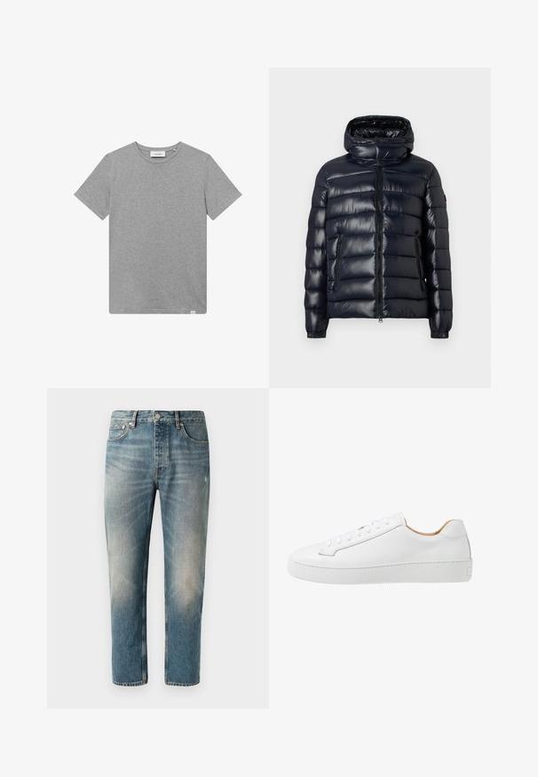 Marineblaue Steppjacke aus glänzendem Material, mit Kapuze, Reißverschluss, zwei Seitentaschen, Steppmuster und gerippten Bündchen.; Graues kurzärmeliges T-Shirt aus einem Baumwoll-Mischgewebe. Es verfügt über einen runden Halsausschnitt und ein kleines Logodetail auf der linken Vorderseite.; Hellblaue Jeans aus Denim mit geradem Schnitt. Sie verfügen über einen Knopfverschluss, fünf Taschen und dezente Auswaschungen sowie Wischspuren an den Oberschenkeln.; Weiße Ledersneaker mit glatter Oberfläche, abgerundeter Zehenpartie, flachem Schnürdesign und einer dicken Gummisohle mit strukturiertem Grip-Muster.