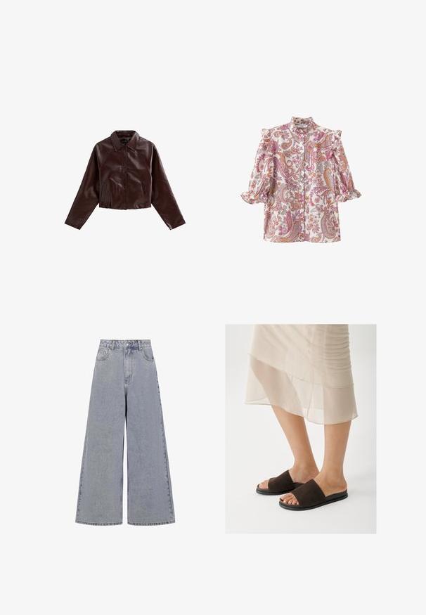 Brun læderjakke, cropped, med knaplukning, spidse krave og lange ærmer. Har to forlommer og en glat overflade.; Hvid bluse med pink og orange paisleymønster, flæset krave, knaplukning foran og trekvart pufærmer med elastiske manchetter.; Lysblå bredbenede jeans lavet af denim, med høj talje, fire lommer og en klassisk knaplukning med subtil slid.; Brune ruskinds-slip-in sandaler med bred rem, sort gummisål og åben tådesign, placeret mod en lysefarvet baggrund.