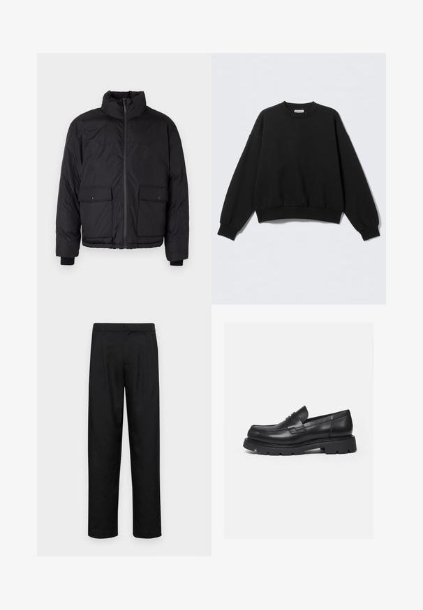 Doudoune noire avec col montant, fermeture à glissière sur le devant et deux poches à rabat à l'avant. Dotée d'un tissu texturé et de poignets élastiques.; Sweat-shirt noir à coupe décontractée, col rond et manches longues légèrement bouffantes. Confectionné dans un tissu doux avec des poignets et un ourlet côtelés.; Pantalons noirs en tissu lisse, avec une coupe droite, deux plis avant et une taille standard avec passants de ceinture.; Mocassin en cuir noir avec semelle épaisse crantée et détail de bride penny, présenté en profil droit sur fond blanc.