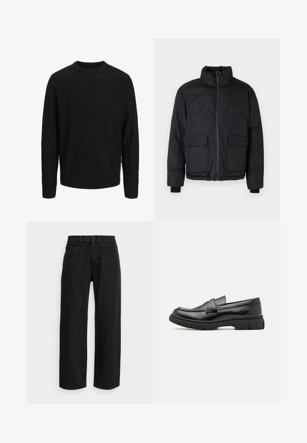Sort pufferjakke med en ståkrave, frontlynlås og to foran flaplommer. Har tekstureret stof og elastiske manchetter.; Sort langærmet strikket sweater med rund halsudskæring, ribstrikkede manchetter og kant, vist på en ensartet lys grå baggrund.; Sorte denim bukser med bred benlængde og høj talje, der har fem lommer og knaplukning. Stoffet har en glat tekstur og let stræk.; Sort læder loafersko med en bred rem over forfoden, gummisål med tykke mønstre og glat overflade. Klassisk, slankt design.