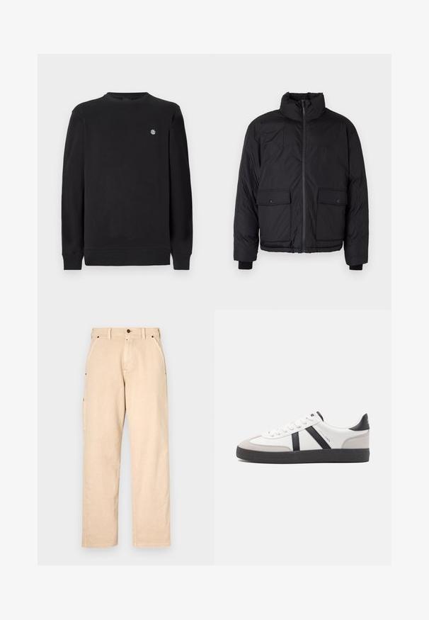 Schwarze Pufferjacke mit Stehkragen, vorderem Reißverschluss und zwei vorderen Klapptaschen. Enthält strukturierten Stoff und elastische Bündchen.; Schwarzer Langarm-Crewneck-Sweatshirt mit kleinem weißen runden Logo auf der linken Brust, gerippten Bündchen und Saum.; Beige Baumwollhose mit geradem Bein, ausgestattet mit Seitentaschen, Gürtelschlaufen und vorderem Knopfverschluss. Glatte Textur, minimalistisches Design.; Weiße Sneaker mit schwarz- und grau-aczenten, ausgestattet mit einer strukturierten grauen Zehenkappe, schwarzer Gummi-Sohle und flachen weißen Schnürsenkeln. Sauberes Design, minimalistische Stil.
