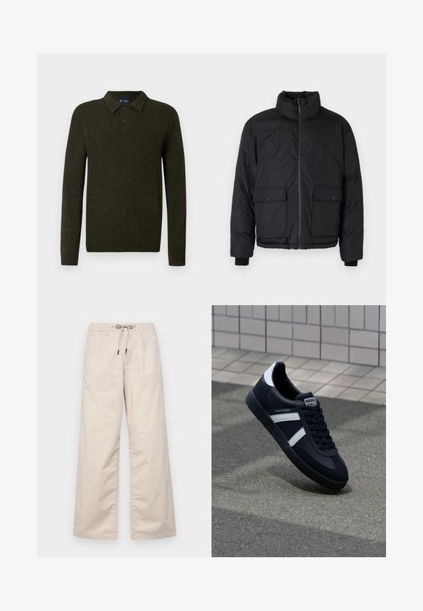 Sort pufferjakke med en ståkrave, frontlynlås og to foran flaplommer. Har tekstureret stof og elastiske manchetter.; Grøn langærmet polo sweater med struktureret finish, to knaplukninger og ribstrikkede manchetter. Enkel, klassisk design der er velegnet til afslappet brug.; Lys beige bredbenede bukser med elastisk talje og snøre. Glat bomuldsstof med to frontfolder og ingen synlige lommer.; Sort lædersneaker med hvide striber, tekstureret gummisål og snørrebånd foran. Har et brandet mærke på tungen.