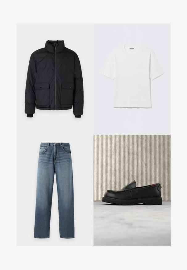 Chaqueta acolchada negra con cuello alzado, cierre frontal de cremallera y dos bolsillos delanteros con solapa. Presenta una tela texturizada y puños elastizados.; Camiseta blanca lisa de manga corta con cuello redondo y una pequeña etiqueta "WEEKDAY" en el interior del cuello trasero, mostrada sobre una superficie plana.; Jeans de mezclilla azul de pierna recta con un lavado desgastado, que cuentan con un diseño de cinco bolsillos, botón de metal y presillas para cinturón. Tejido estructurado y de peso medio.; Mocasín de cuero negro con suela resistente y forro interior rojo, posicionado en el aire sobre una alfombra beige y cerca de un mueble de madera.