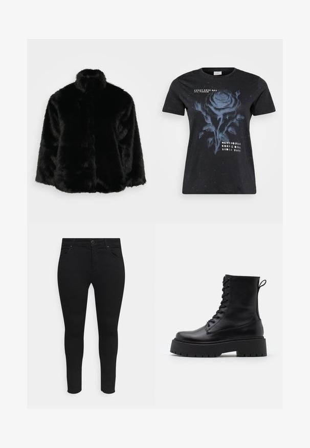 Sort faux fur jakke med høj krave, der har en plysagtig tekstur og en firkantet form. Designet har ingen synlige metaldele eller lukninger.; ONLY Carmakoma CARMIKO WASHED SS REG TEE JRS - T-shirts print - black; Sorte skinny jeans lavet af et strækstof, med forlommer, en knaplukning og et strømlinet design uden synlige mønstre eller udsmykninger.; Sorte læder ankelstøvler med rund tå, snørebånd foran og en tyk gummisål med struktureret slidbane. Hæfteløkke bagpå.