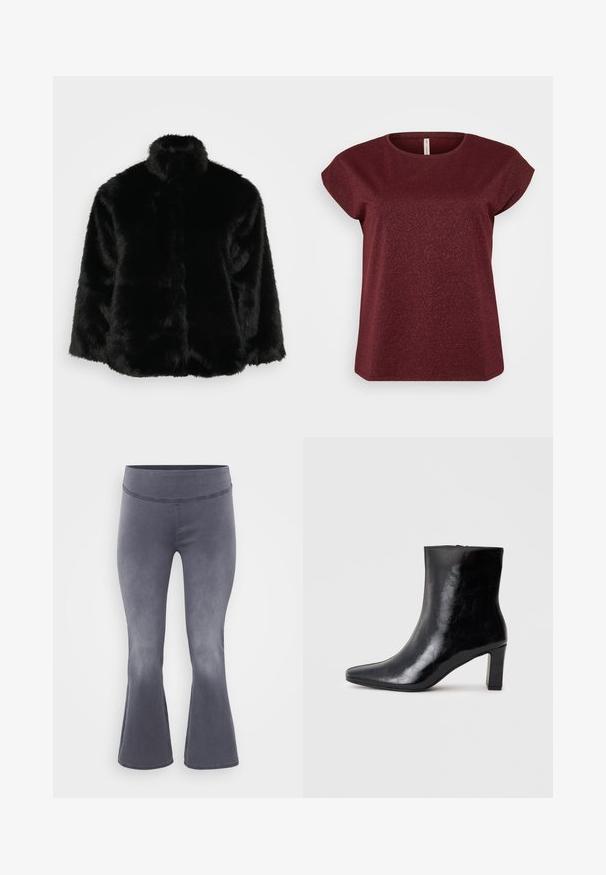 Veste en fausse fourrure noire avec un col haut, présentant une texture pelucheuse et une forme carrée. Le design ne comporte aucun accessoire ni fermeture visible.; Haut bourgogne à manches courtes avec un col rond, fabriqué dans un tissu texturé incluant des accents de brillance subtils. Silhouette propre et simple.; Pantalons grijs évasés avec une large ceinture. Tissu lisse avec un léger éclat, dégradé du foncé en haut vers le plus clair en bas.; Bottine noire en cuir brillant, avec un bout pointu et un talon carré moyen, présentant une texture lisse et un design simple.