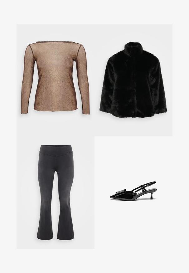 Chaqueta de pelo sintético negra con un alto cuello, que presenta una textura suave y una forma cuadrada. El diseño no tiene herrajes ni cierres visibles.; Camiseta de manga larga en tejido transparente con un diseño de estampado de leopardo, que presenta un escote en forma de barco y una silueta ajustada. Los colores marrón y beige dominan.; ONLY Carmakoma Flared fit CARROYAL Mid waist - Vaqueros a campana - washed black; Zapatos de tacón slingback de charol negro con punta afilada, detalle de lazo en el frente y un pequeño tacón de aguja. Las correas tienen hebillas ajustables.