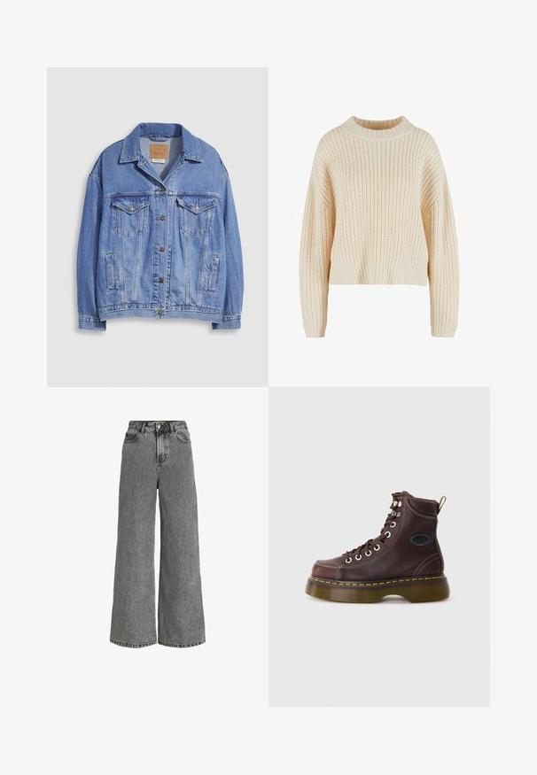 Lyseblå denimjakke med skjortekrave, knaplukning, to brystlommer og sidelommer. Slidt tekstur og synligt mærke.; Cremefarvet strikket sweater med høj ribbet krave, brede ærmer og et struktureret mønster hele vejen igennem. Kropet design med ribbet kant.; Grå jeans i denimbred ben, høj talje med knapper foran, lynlås og fem-lomme-design.; Brun læder ankelstøvle med tekstureret overflade, sølv øjer og gul syning. Har en kraftig gennemsigtig sål og en trækstrop.