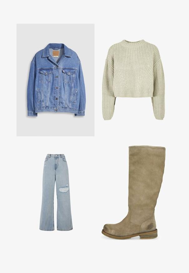 Lyseblå denimjakke med skjortekrave, knaplukning, to brystlommer og sidelommer. Slidt tekstur og synligt mærke.; Lys grå strikket sweater med en afslappet pasform, ribbet halsudskæring og brede ærmer. Tekstureret stof med diagonale sy mønstre.; Lysvasket denim wide-leg jeans med høj talje, slidte områder og en rå kant. Blød tekstur med en løs pasform.; Knæhøje beige ankelstøvler i ruskind med rund tå og tekstureret overflade. Brun træhælhæl med diskret logo-detalje nær ankelområdet.