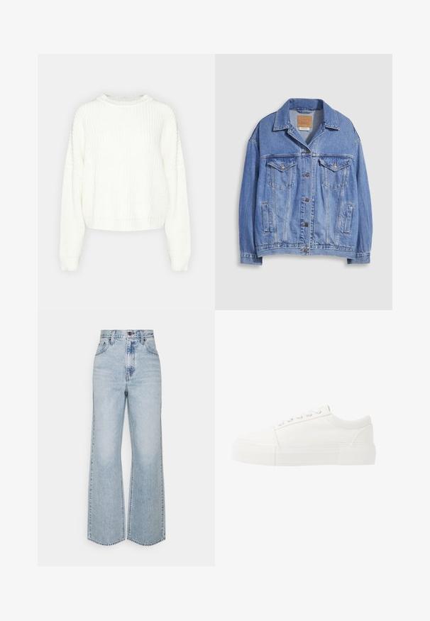 Veste en denim bleu clair avec col chemise, fermeture à boutons, deux poches poitrine et poches latérales. Texture usée et étiquette de marque visible.; Pull en maille blanche avec un col rond, des manches longues et une coupe décontractée. Présente un motif texturé et un ourlet et des poignets côtelés.; Jean large en denim bleu clair avec taille haute, design classique à cinq poches et couture contrastante. Détail de ourlet brut en bas.; Baskets blanches en toile avec une semelle en caoutchouc blanc épais, présentant une pointe arrondie et un design classique à lacets avec cinq œillets.