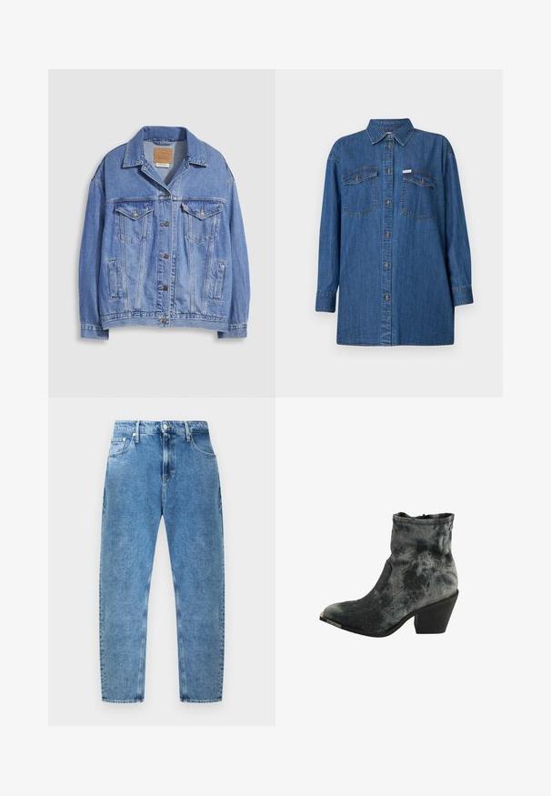 Hellblaue Jeansjacke mit Hemdkragen, Knopfleiste, zwei Brusttaschen und Seitentaschen. Verwaschene Textur und sichtbares Markenetikett.; Jeanshemd, lange Ärmel, hellblau, zwei Brusttaschen, Knopfleiste, klassischer Kragen, strukturiertes Gewebe, entspannter Schnitt.; Blaue Jeans mit hoher Taille und geradem Schnitt, vorne mit Knopf und Reißverschluss, vordere und hintere Taschen, flach auf weißem Hintergrund ausgelegt.; Schwarzer und grauer strukturierter Knöchelstiefel mit spitzem Schuhblatt, einem niedrigen Blockabsatz und einem Reißverschluss auf der Rückseite.