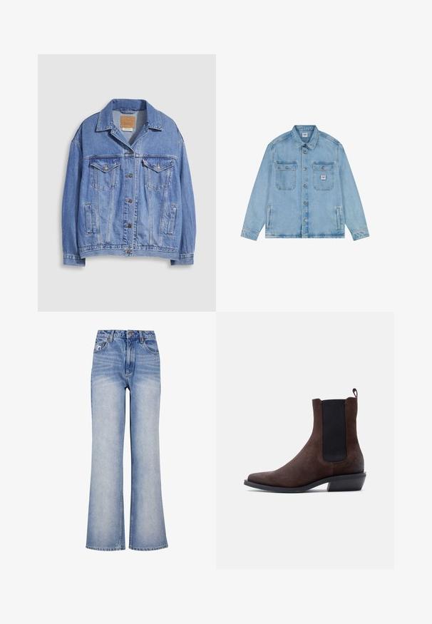 Lyseblå denimjakke med skjortekrave, knaplukning, to brystlommer og sidelommer. Slidt tekstur og synligt mærke.; Lyseblå denimjakke med knaplukning foran, to brystlommer med klap og knapper, to sidelommer og en lille Lee-logo på højre brystlomme.; Lys blå denim bred-benede jeans har høj talje, knaplukning, diskret slidmærker og et klassisk fem-lomme design.; Brun ruskind Chelsea-støvle med sort elastisk sidepanel, trækflig bagpå, lav hæl og spids tå på hvid baggrund.