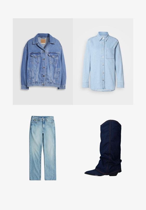 Lichtblauwe spijkerjack met overhemdkraag, knoopsluiting, twee borstzakken en zijzakken. Versleten textuur en zichtbaar merklabel.; Lichtblauwe denim shirt met een knoopsluiting aan de voorkant, puntige kraag, één borstzak en lange mouwen met knoopmanchetten.; Lichtblauwe denim jeans met rechte pijpen, vooraan knoop- en ritsluiting, riemlussen en voor- en achterzakken.; sacha Laarzen - blue