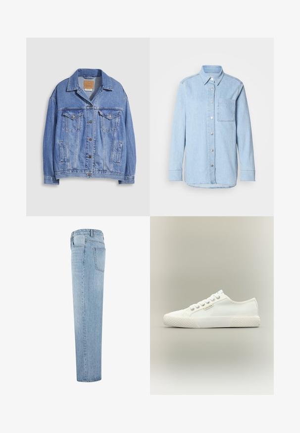 Chaqueta vaquera azul claro con cuello tipo camisa, cierre de botones, dos bolsillos en el pecho y bolsillos laterales. Textura desgastada y etiqueta de marca visible.; Camisa de denim azul claro con botón en el frente, collar puntiagudo, un bolsillo en el pecho y mangas largas con puños abotonados.; Jeans de mezclilla rectos de color azul claro con cintura alta y bolsillo trasero visible, mostrados de lado sobre un fondo blanco.; Zapatilla blanca de lona de corte bajo con suela de goma texturizada, cordones blancos y pequeña etiqueta de Calvin Klein en el lateral.