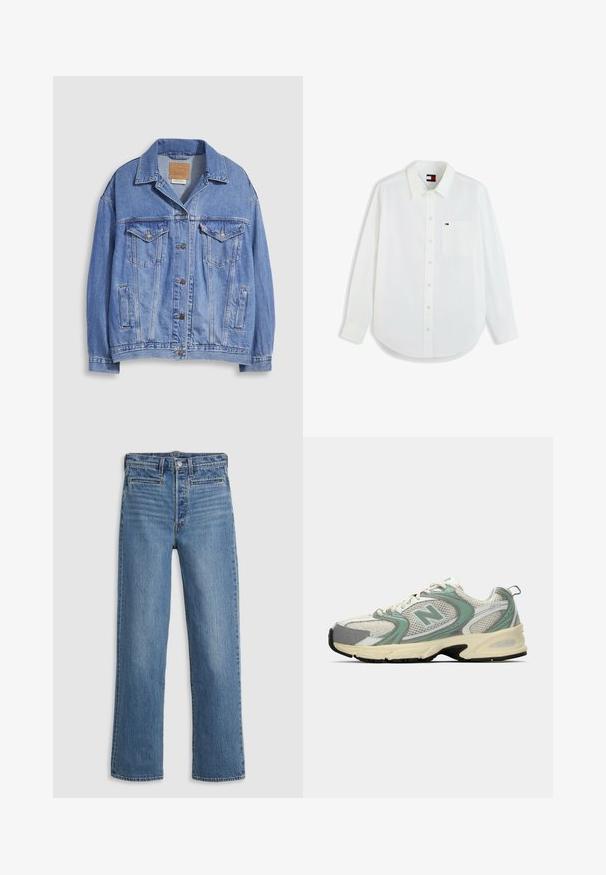 Veste en denim bleu clair avec col chemise, fermeture à boutons, deux poches poitrine et poches latérales. Texture usée et étiquette de marque visible.; Chemise blanche à manches longues avec boutons, col et poche poitrine avec petit logo Tommy Hilfiger.; Jeans droit bleu clair en denim. Comprend une fermeture à bouton, cinq poches et un léger délavage. Pas d'ornements ni de motifs.; Baskets de sport New Balance blanches et vert clair en tissu en maille, avec une semelle beige et un semelle noire, présentées de côté sur un fond uni.