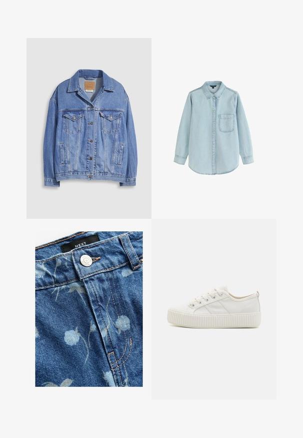 Lyseblå denimjakke med skjortekrave, knaplukning, to brystlommer og sidelommer. Slidt tekstur og synligt mærke.; Lyseblå denim skjorte med lange ærmer og knapper foran, med en enkelt brystlomme og krave med fold, lagt fladt på en hvid baggrund.; Denimstof i lyseblå, prydet med blomsterprint. Inkluderer en sølvknaplukning og lysebrune syninger langs sømmene. Mærkets etiket er synlig.; Hvide lærreds sneakers med en struktureret gummisål, rund tå og snørebåndsdesign, der har tre sidelinjer.
