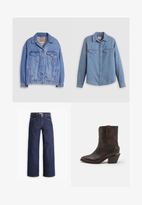 Hellblaue Jeansjacke mit Hemdkragen, Knopfleiste, zwei Brusttaschen und Seitentaschen. Verwaschene Textur und sichtbares Markenetikett.; Hellblaues Jeanshemd mit langen Ärmeln, Knopfleiste vorne, zwei Brusttaschen und klassischem Kragen. Glatte Textur und lockere Passform.; Dunkelblaue Jeans mit hoher Taille, weitem Bein und dezentem orangem Nähgarn. Mit einer Frontknopf- und Reißverschlussöffnung.; Braune Leder-Cowboystiefel mit spitzer Zehe und gestapeltem Absatz. Verfügt über ein dekoratives Diamantmuster und einen Riemen mit Hardware-Akzenten.