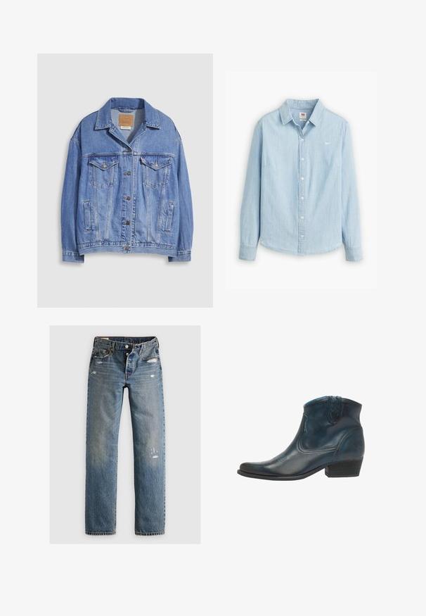 Hellblaue Jeansjacke mit Hemdkragen, Knopfleiste, zwei Brusttaschen und Seitentaschen. Verwaschene Textur und sichtbares Markenetikett.; Helles blaues, knöpfbares Hemd aus weichem Denim-Stoff. Mit klassischem Kragen und langen Ärmeln, versehen mit einem kleinen Logo auf der Brust.; Blaue Denim-Jeans im geraden Schnitt, mit Rissen und ausgebleichten Bereichen. Der Stoff hat eine strukturierte Oberfläche und genähte Nähte.; Cowboy-Stiefel aus dunkelblauem Leder, mit spitz zulaufender Zehenpartie, geschwungenen Akzenten und einem niedrigen, gestapelten Absatz mit dezenten Nähdetails.