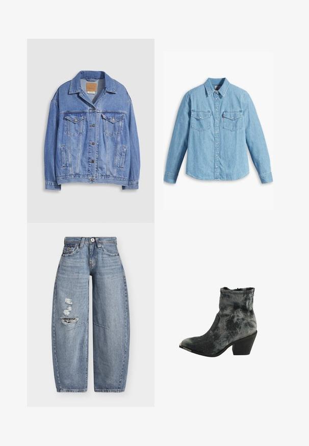 Lyseblå denimjakke med skjortekrave, knaplukning, to brystlommer og sidelommer. Slidt tekstur og synligt mærke.; Lyseblå denimskjorte med lange ærmer, spidse krave, to brystlommer, knaplukning og subtil tekstur. Ingen synlige mønstre.; Blå denim jeans med vide ben, høj talje og slidte revner på venstre lår, med forlommer og bæltestropper.; Sort og grå tekstureret ankelstøvle med spids tå, lav stablet hæl og lynlås lukning bagpå.
