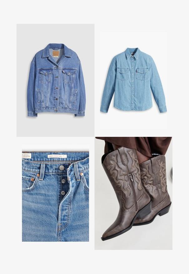 Lyseblå denimjakke med skjortekrave, knaplukning, to brystlommer og sidelommer. Slidt tekstur og synligt mærke.; Lyseblå denimskjorte med lange ærmer, spidse krave, to brystlommer, knaplukning og subtil tekstur. Ingen synlige mønstre.; Lyseblå denim jeans med lige ankelpasform. Indeholder fem lommer, to metalknapper og synlig orange syning. Der er mærker til stede.; Brune læder cowboystøvler med spids tå, sidelukning og struktureret slange-design i beige, med dekorative nitter langs kanterne.
