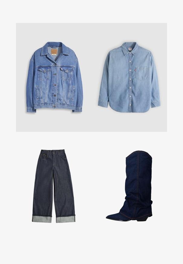 Lichtblauwe spijkerjack met overhemdkraag, knoopsluiting, twee borstzakken en zijzakken. Versleten textuur en zichtbaar merklabel.; Lichtblauw denimoverhemd met een button-down kraag, borstzakje en lange mouwen. Heeft een afgeronde zoom en een subtiele textuur.; Donkerblauwe denim jeans met wijde pijpen, opgerolde boorden, knoopsluiting vooraan en vijfzakkenontwerp.; sacha Laarzen - blue
