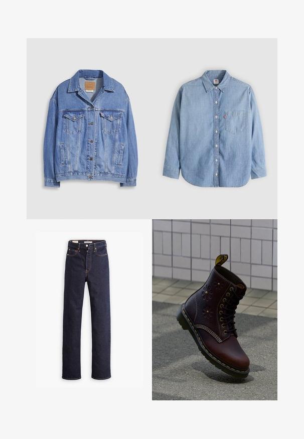 Lyseblå denimjakke med skjortekrave, knaplukning, to brystlommer og sidelommer. Slidt tekstur og synligt mærke.; Lyseblå denimskjorte med button-down-krave, forlompe og lange ærmer. Har en buet kant og en subtil tekstur.; Mørkeblå straight-leg denim jeans med fem lommer og synlig orange syning på hvid baggrund.; Mørkebrun læderstøvle med blomsterprægning og gul syning, placeret opret på en tekstureret fortov med flisebelagt væg i baggrunden.