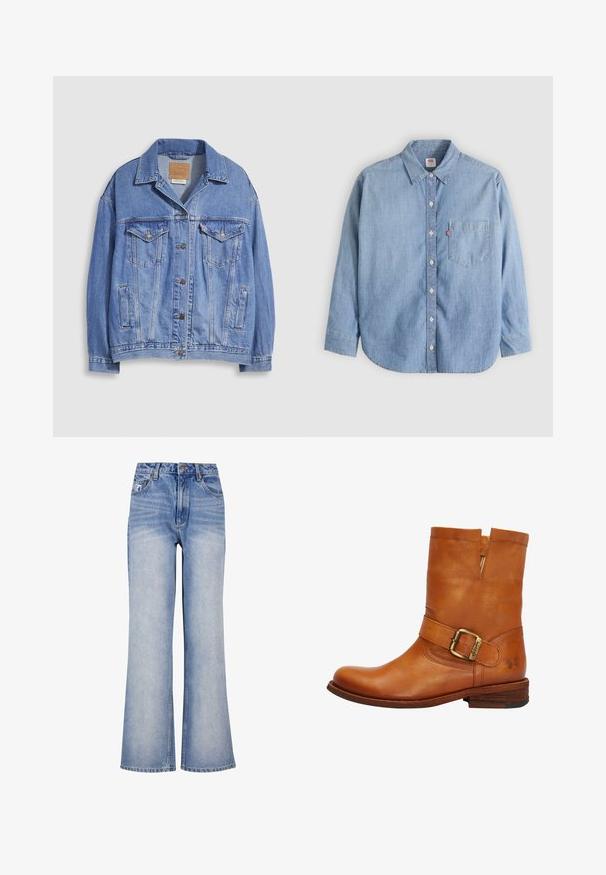 Lyseblå denimjakke med skjortekrave, knaplukning, to brystlommer og sidelommer. Slidt tekstur og synligt mærke.; Lyseblå denimskjorte med button-down-krave, forlompe og lange ærmer. Har en buet kant og en subtil tekstur.; Lys blå denim bred-benede jeans har høj talje, knaplukning, diskret slidmærker og et klassisk fem-lomme design.; Brun læder ankelstøvle med en flad træhæl, bred rem og spænde detalje, udskæring ved anklen og præget logo på siden.
