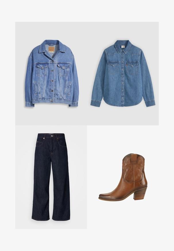 Hellblaue Jeansjacke mit Hemdkragen, Knopfleiste, zwei Brusttaschen und Seitentaschen. Verwaschene Textur und sichtbares Markenetikett.; Langärmliges blaues Jeanshemd mit Knopfleiste, spitzem Kragen und zwei Brusttaschen mit Klappe auf hellem Hintergrund.; Helle Jeans mit weitem Bein in Dunkelblau, featuring eine hohe Taille, zwei vordere Taschen, einen Knopfverschluss und kontrastierende Nähte.; Felmini Cowboy-/Bikerstiefelette - namibia