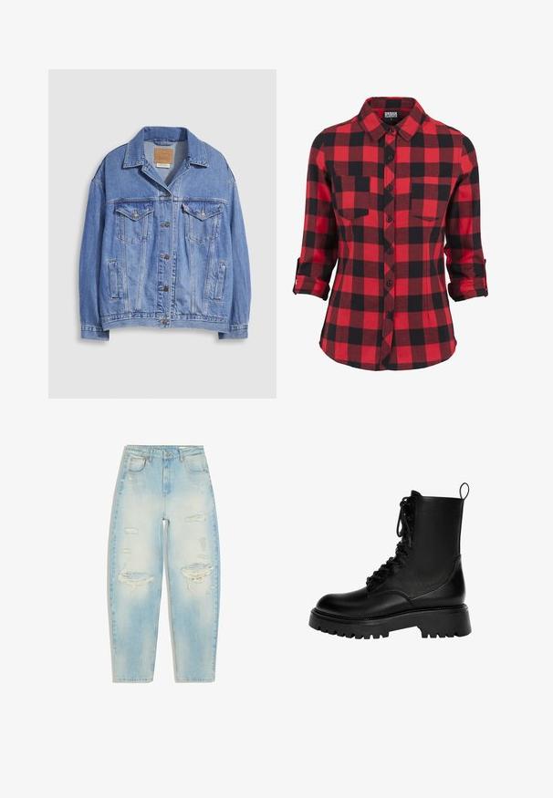 Lyseblå denimjakke med skjortekrave, knaplukning, to brystlommer og sidelommer. Slidt tekstur og synligt mærke.; Rød- og sortternet flannel skjorte, lange ærmer med opsmøgede manchetter, spidse krave, to brystlommer, knaplukning fortil, blød tekstur.; Lyseblå jeans med høj talje med slidte revner på lårene og knæene, forlommer og lukning med knap.; Sorte snørebånd ankelstøvler lavet af syntetisk læder, med en kraftig sål, trækstrop og fremtrædende syninger.