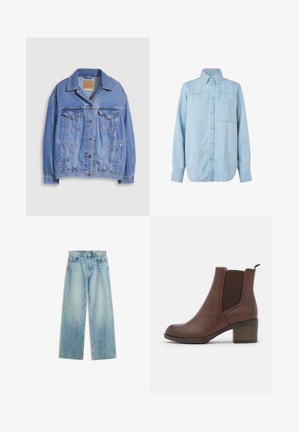 Hellblaue Jeansjacke mit Hemdkragen, Knopfleiste, zwei Brusttaschen und Seitentaschen. Verwaschene Textur und sichtbares Markenetikett.; Hellblaues Denim-Hemd mit langen Ärmeln, knöpfbare Front, spitzem Kragen, einzelnen Brusttasche und dezenten vertikalen Nähdetails.; Helle blaue Jeans mit weitem Bein, mittelhoher Taille, Fünf-Taschen-Design, kontrastierenden Nähten und minimalem Verblassen für einen klassischen Look.; Braune Leder-Ankle Boots mit glatter Oberfläche, elastischen Seitenblenden, abgerundeter Zehenpartie und moderatem Holzabsatz.