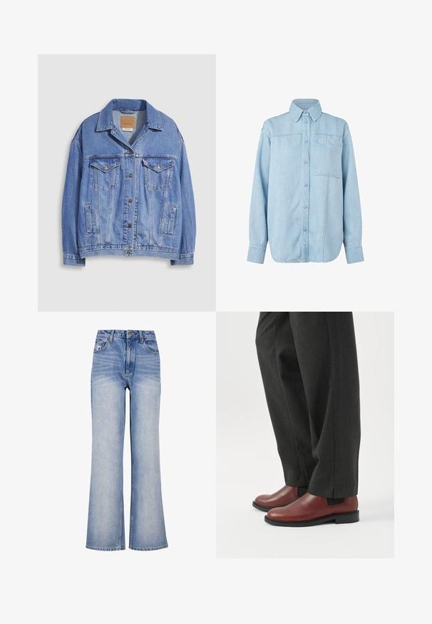 Hellblaue Jeansjacke mit Hemdkragen, Knopfleiste, zwei Brusttaschen und Seitentaschen. Verwaschene Textur und sichtbares Markenetikett.; Hellblaues Denim-Hemd mit langen Ärmeln, knöpfbare Front, spitzem Kragen, einzelnen Brusttasche und dezenten vertikalen Nähdetails.; Hellblaue Denim-Weite-Bein-Jeans mit hoher Taille, Knopfverschluss, subtilen Verwaschungen und klassischem Fünf-Taschen-Design.; Person trägt dunkelgraue Hose mit geradem Bein und braune Lederschuhe zum Hineinschlüpfen, steht auf weißem Boden.