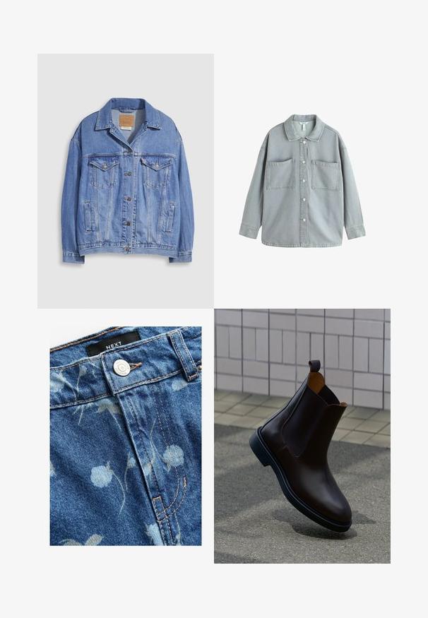 Lichtblauwe spijkerjack met overhemdkraag, knoopsluiting, twee borstzakken en zijzakken. Versleten textuur en zichtbaar merklabel.; Lichtgrijze denim blouse met knopen, spreidekraag, twee grote voorzakken en lange mouwen.; Denimstof in lichtblauw, met een bloemenprint. Inclusief een zilveren knoopsluiting en tan kleurige stiksels langs de naden. Merkaanduiding zichtbaar.; Donkerbruine leren Chelsea-laars met trekriem en elastische zijpanelen, geplaatst op een grijze bestrating met een betegelde muur op de achtergrond.