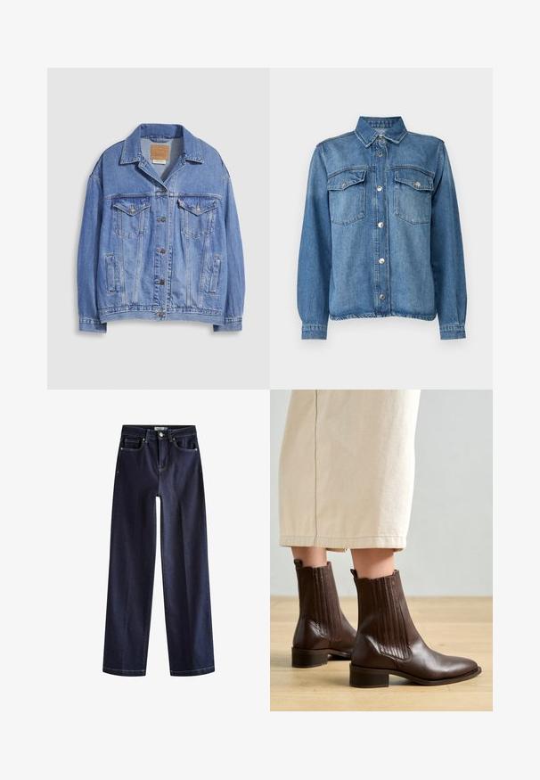 Lyseblå denimjakke med skjortekrave, knaplukning, to brystlommer og sidelommer. Slidt tekstur og synligt mærke.; Lysblå denimjakke med frontlukning med knapper, to brystlommer, spidse kraver og lange ærmer med knapmanchetter.; Next Jeans Straight Leg - rinse blue; Pavement SHANI - Støvletter - brown