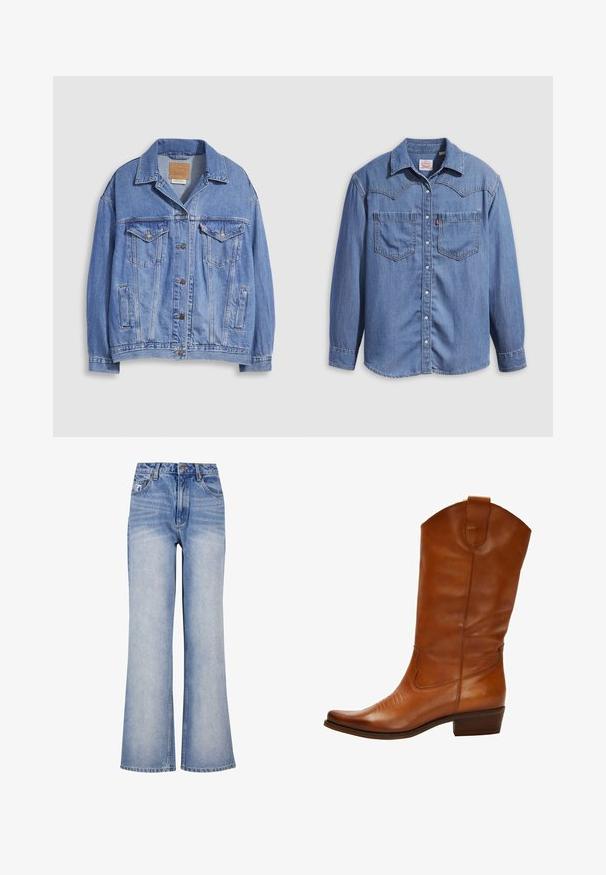 Hellblaue Jeansjacke mit Hemdkragen, Knopfleiste, zwei Brusttaschen und Seitentaschen. Verwaschene Textur und sichtbares Markenetikett.; Hellblaues Jeanshemd mit spitzem Kragen, zwei Brusttaschen und Druckknöpfen. Verfügt über ein Western-Stil Rückenpasse-Design.; Hellblaue Denim-Weite-Bein-Jeans mit hoher Taille, Knopfverschluss, subtilen Verwaschungen und klassischem Fünf-Taschen-Design.; Braune Leder-Cowboy-Stiefel mit spitzem Zehenbereich, dekorativer Stickerei auf dem Vorderblatt und niedrigem, gestapeltem Absatz. Mit einem Zugriemen oben.