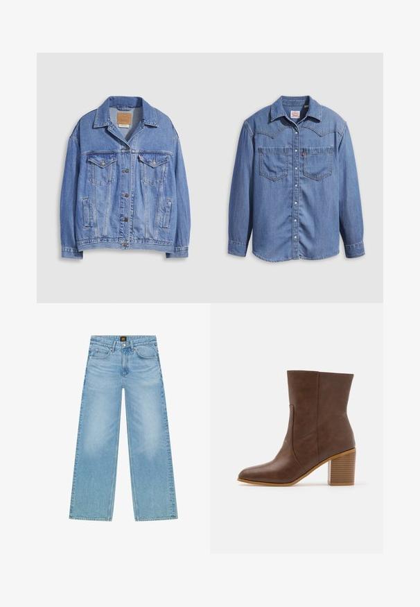 Hellblaue Jeansjacke mit Hemdkragen, Knopfleiste, zwei Brusttaschen und Seitentaschen. Verwaschene Textur und sichtbares Markenetikett.; Hellblaues Jeanshemd mit spitzem Kragen, zwei Brusttaschen und Druckknöpfen. Verfügt über ein Western-Stil Rückenpasse-Design.; Helles Blau, weite Jeans aus Denim. Verfügt über ein klassisches Fünf-Taschen-Design und eine subtile verblasste Textur. Knopf- und Reißverschluss.; Braune Kunstleder-Stiefelette mit spitzem Zehenbereich, seitlichem Nahtdetail und einem stabilen gestreiften Blockabsatz. Glatte Textur, mittlere Wadenhöhe.