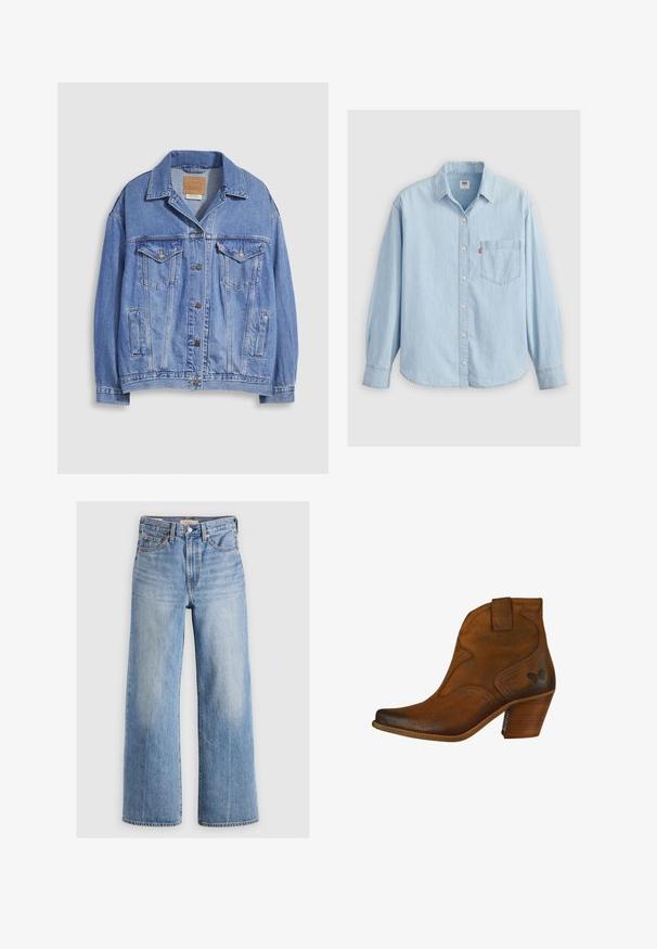 Veste en denim bleu clair avec col chemise, fermeture à boutons, deux poches poitrine et poches latérales. Texture usée et étiquette de marque visible.; Chemise en denim bleu clair avec un col pointu, des manches longues, un bouton de fermeture et une poche poitrine arborant une petite étiquette logo.; Jeans larges en denim bleu clair avec une taille haute, zones décolorées, cinq poches et coutures contrastées. Fermeture classique à bouton et à glissière.; Bottine en cuir marron avec un bout pointu, des coutures décoratives et un petit talon empilé. Onglet latéral pour un enfilage facile, détail de logo subtil.