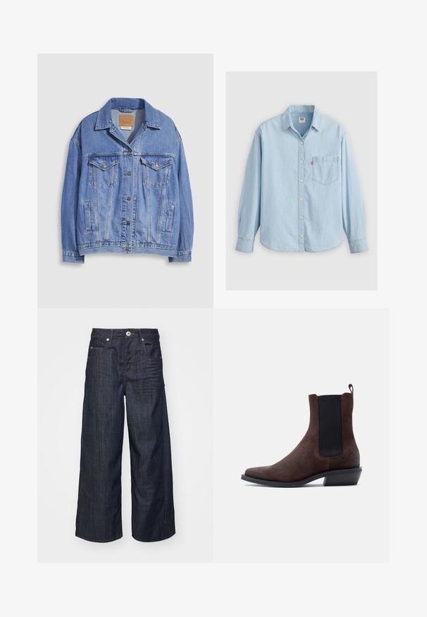 Lyseblå denimjakke med skjortekrave, knaplukning, to brystlommer og sidelommer. Slidt tekstur og synligt mærke.; Lyseblå denimskjorte med spidse kraver, lange ærmer, knaplukning og en brystlomme med et lille logomærke.; Mørkeblå vide jeans i denim med frontlukning med knap og lynlås, bæltestropper og fem lomme-design på en hvid baggrund.; Brun ruskind Chelsea-støvle med sort elastisk sidepanel, trækflig bagpå, lav hæl og spids tå på hvid baggrund.
