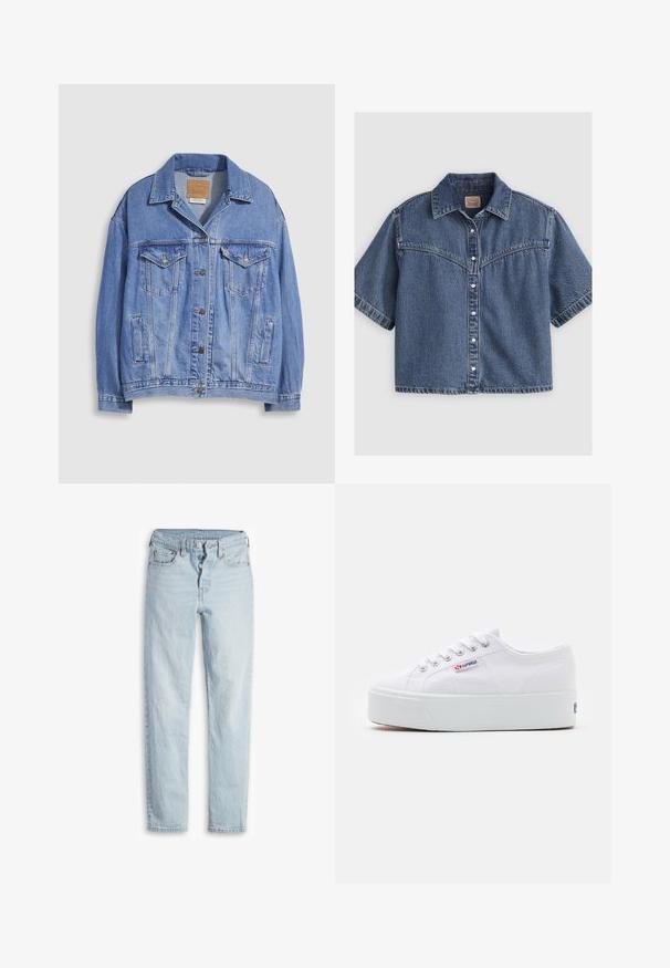 Lichtblauwe spijkerjack met overhemdkraag, knoopsluiting, twee borstzakken en zijzakken. Versleten textuur en zichtbaar merklabel.; Kortemouws blauw denim overhemd met knopen, een puntige kraag en een Western-stijl inzetstuk met stikseldetail.; Lichtblauwe denim jeans met een hoge taille, vijf zakken, knoopsluiting en rechte pijpen. Heeft subtiele vervagingen en een gestructureerde afwerking.; Witte canvas sneaker met een dikke witte platformzool, ronde neus en metalen oogjes voor veters. Merkl logo aan de zijkant weergegeven.