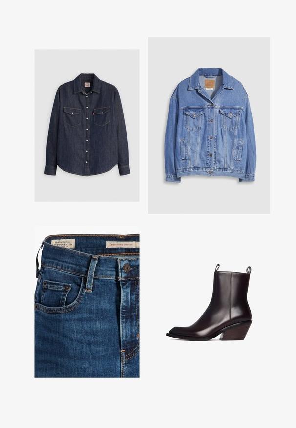Lyseblå denimjakke med skjortekrave, knaplukning, to brystlommer og sidelommer. Slidt tekstur og synligt mærke.; Mørkeblå denimskjorte med lange ærmer, knaplukning fortil, to brystlommer med klapper og kontrasterende gule sømme.; High-rise lige ben denim jeans i mørkeblue med gylden syning, metalknaplukning og en lille myntlomme foran.; Mørkebrun læder ankelstøvle med spids tå, der har en tekstureret træhælt og trækflapper på hver side for nem påtagning.