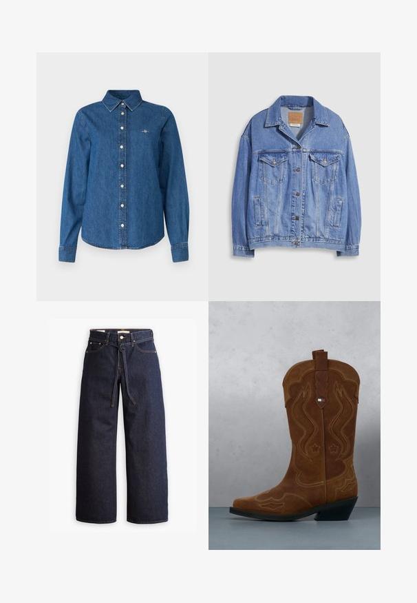 Lichtblauwe spijkerjack met overhemdkraag, knoopsluiting, twee borstzakken en zijzakken. Versleten textuur en zichtbaar merklabel.; GANT REG - Overhemdblouse - indigo; Wijd pijpjes donkerblauwe denim jeans met een hoge taille, voorzien van een trekkoord, vijf zakken en contrasterende stiksels.; Bruine suède cowboylaars met decoratieve stiksels en een vlagembleem op de schacht, staande op een houten lattenvloer buiten.