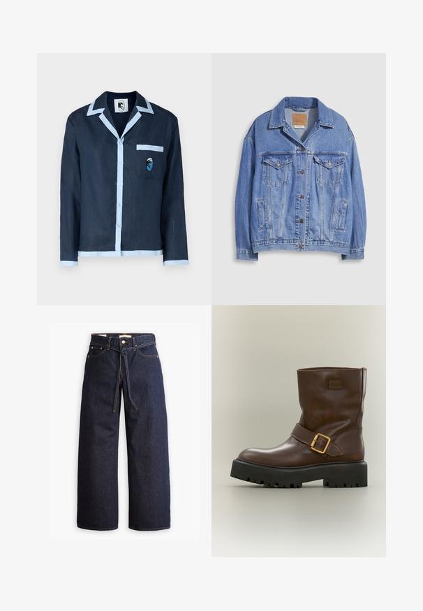 Lichtblauwe spijkerjack met overhemdkraag, knoopsluiting, twee borstzakken en zijzakken. Versleten textuur en zichtbaar merklabel.; Marineblauwe linnen shirt met lichtblauwe kraag en zakafwerking. Beschikt over een borstzak met een geborduurd ontwerp. Knopen aan de voorkant.; Wijd pijpjes donkerblauwe denim jeans met een hoge taille, voorzien van een trekkoord, vijf zakken en contrasterende stiksels.; Bruine leren enkellaars met dikke zwarte grofprofielzool en gouden gespsluiting aan de zijkant tegen een neutrale achtergrond.