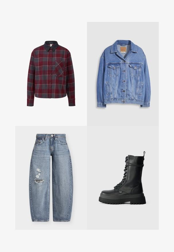 Veste en denim bleu clair avec col chemise, fermeture à boutons, deux poches poitrine et poches latérales. Texture usée et étiquette de marque visible.; Chemise à carreaux à boutons, avec des carrés rouges, gris et blancs. Fabriquée en coton, avec un col en velours côtelé et une poche poitrine. Manches longues.; Jean en denim bleu à jambes larges, taille haute avec des déchirures usées sur la cuisse gauche, avec poches avant et passants de ceinture.; Bottines en cuir noir à lacets, avec une semelle en caoutchouc épaisse, un dessus texturé et une languette latérale. Présente un accent logo sur le côté.
